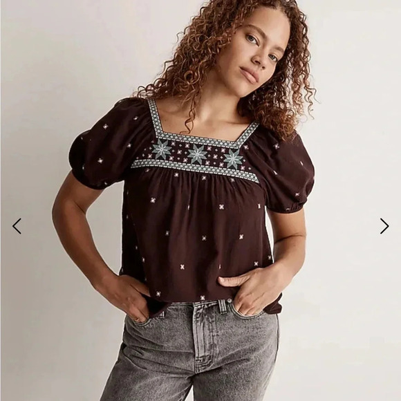 Madewell Tops - Madewell Embroidered Crinkle Cotton Bubble-Sleeve Top NWT